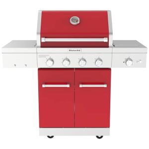 KitchenAid 4 Burner 55,000 BTU Stainless Steel Propane Gas Grill with Searing Side Burner, Red
