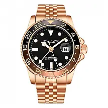Relógio Meridian 3968 GMT 42mm Mostrador Preto, Pulseira Aço Inoxidável Rosé com Fivela de Implantação Stuhrling