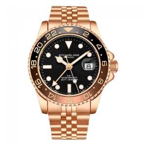 Relógio Meridian 3968 GMT 42mm Mostrador Preto, Pulseira Aço Inoxidável Rosé com Fivela de Implantação Stuhrling