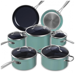 Conjunto de Panelas Antiaderente em Cerâmica 12 Peças com Infusão de Diamante, sem PTFE e PFOA, Seguro para Forno, Tampas de Vidro Temperado