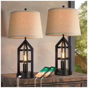Kit 2 Luminárias de Mesa Vintage em Metal e Abajur de Tecido, BESLOWE, Preto