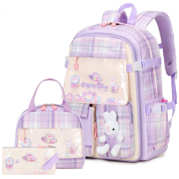 Mochila escolar infantil FIXITOK coelho kawaii 3 peças, com lancheira térmica e estojo, nylon impermeável, roxa xadrez