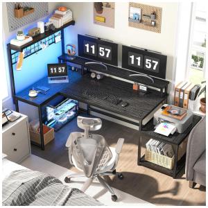 Mesa Gamer em L EnHomee 160 cm Preto com Luzes LED, Tomadas Elétricas, Prateleira de Armazenamento e Suporte para Monitor, Reversível