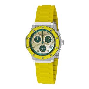 Relógio de pulso feminino com cronógrafo Cosmo Girl 180R de 37mm, mostrador branco e pulseira de silicone amarela. Marca Stuhrling.