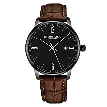 Relgio Stuhrling Classic 3997A, 40mm, mostrador preto, pulseira de couro marrom.