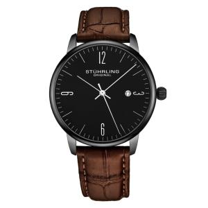 Relgio Stuhrling Classic 3997A, 40mm, mostrador preto, pulseira de couro marrom.