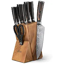 Conjunto de Facas em Aço Inoxidável com Afiador Embutido e Bloco de Bancada 7 Peças, YATOSHI KNIVES, Marrom