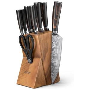 Conjunto de Facas em Aço Inoxidável com Afiador Embutido e Bloco de Bancada 7 Peças, YATOSHI KNIVES, Marrom