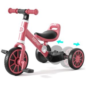 Triciclo Infantil 5 em 1 com Altura de Assento Ajustável e Pedal Removível para Crianças de 1 a 4 Anos, XJD, Rosa