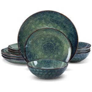 Aparelho de Jantar com 12 Peças Incluindo Pratos e Bowls de Cerâmica, Vancasso Starry, Verde