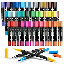 Conjunto de Canetas Artisticas 100 Cores de Ponta Dupla e Desenho de Caligrafia Multicolorido para Adultos, Mogyann, Preto