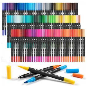 Conjunto de Canetas Artisticas 100 Cores de Ponta Dupla e Desenho de Caligrafia Multicolorido para Adultos, Mogyann, Preto