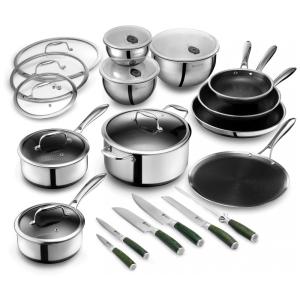 Jogo de Panelas com Tampas 22 Peças e Conjunto de Facas 6 Peças, HexClad