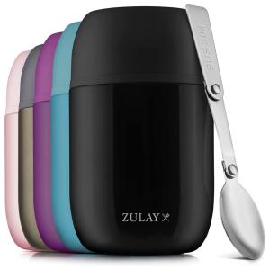 Frasco Térmico para Alimentos 470 ml com Vedação a Vácuo e Colher Dobrável Aço Inoxidável, ZULAY KITCHEN Insulated Food Jar Container, Preto