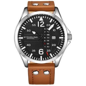 Relogio Stuhrling Homem. Couro Aviador Couro com Rebites de Aço Esport. Class