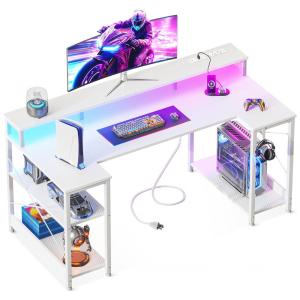 Mesa Gamer em U ODK 122 cm com Luzes LED e Tomadas Elétricas, Suporte para Monitor e Prateleiras de Armazenamento, Acabamento Fibra de
