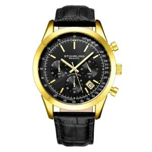 Relgio Masculino Rialto 3975L 44mm Crongrafo Ouro Mostrador Preto Couro Preto Fivela Tang Dourada - Stuhrling