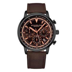 Relógio Cronógrafo Stuhrling 44mm Mostrador Marrom Escuro Pulseira Couro Marrom Estilo Clássico Elegante