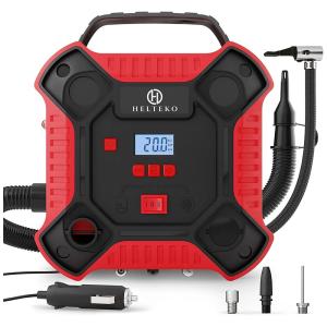 Mini Compressor de Ar Elétrico Automotivo Portátil 12V 150 PSI com Luz LED e Painel LCD, H HELTEKO, Vermelho