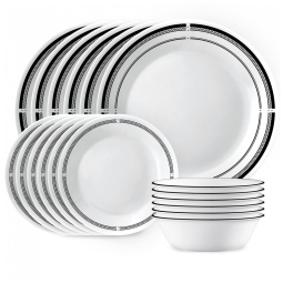 Aparelho de Jantar Corelle 18 Peças para 6 Pessoas, Pratos e Tigelas Redondos Leves, Vidro de Três Camadas Vitrelle, Resistente a Quebras