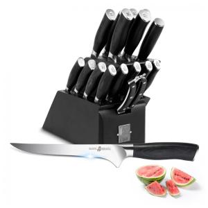 Conjunto de Facas em Aço Inoxidável com Afiador Embutido e Bloco de Bancada 17 Peças, TUO, Preto