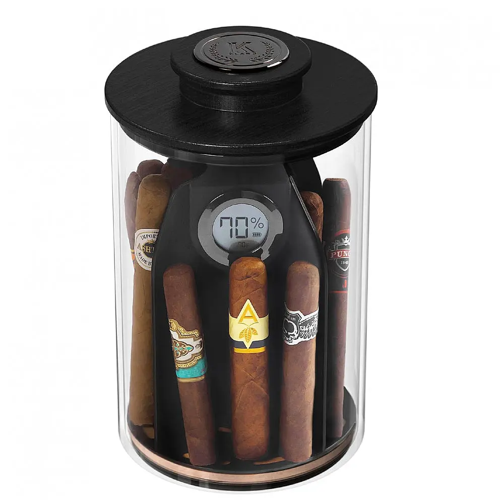 Umidor CASE ELEGANCE Cylindor Pote de Vidro Preto com Tampa em Freixo Suporta 25-35 Charutos