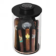 Umidor CASE ELEGANCE Cylindor Pote de Vidro Preto com Tampa em Freixo Suporta 25-35 Charutos