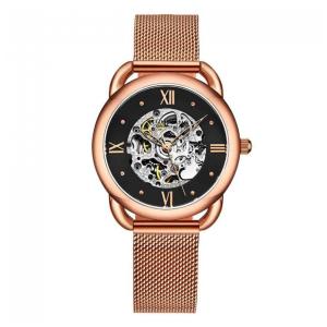 Relgio Stuhrling 3990M Automtico 36mm, Mostrador Preto com Detalhes em Rosa e Pulseira em Ao Inoxidvel com Fivela Dobrvel em Ouro Rosa.