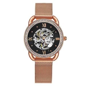 Relgio Automtico Stuhrling 3991M, Mostrador Preto e Rosa, Pulseira de Ao Inoxidvel com Fivela Dobrvel em Camadas de Ouro Rosa - 36mm