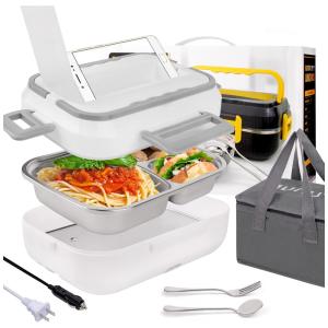 Marmita Elétrica Portátil 3 em 1, 1,5L com Recipiente Removível de Aço Inoxidável 304, Garfo, Colher e Bolsa de Transporte, 12V 24V 110V