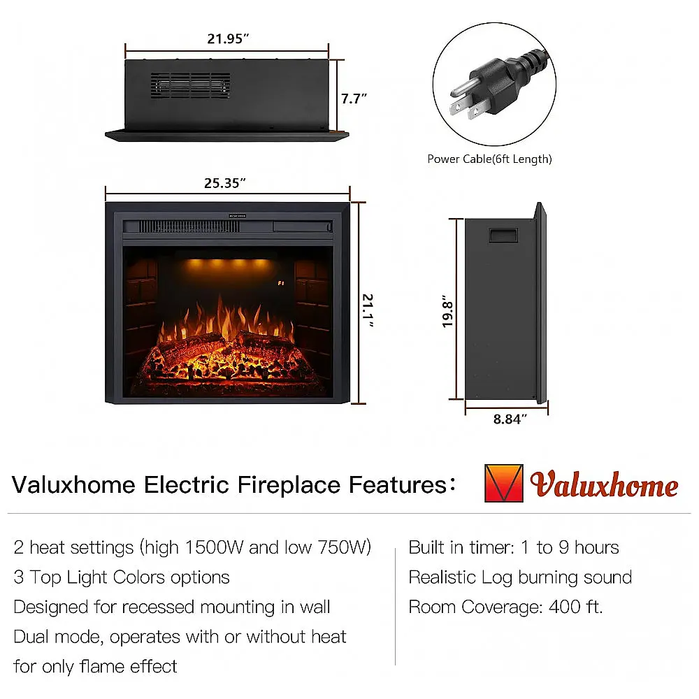 Lareira Elétrica de Embutir A53x64L com Controle Remoto e Proteção contra Superaquecimento, 1500W, 110v, VALUXHOME EF23T, Preto — foto 2