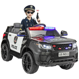Carro, Carrinho Elétrico Policial, 2 lugares, à bateria 12V, USB, controle remoto, Vel 5km por hora, idade 3 a 6 anos, TOBBI, Preto