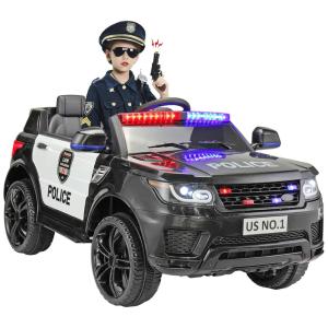Carro, Carrinho Elétrico Policial, 2 lugares, à bateria 12V, USB, controle remoto, Vel 5km por hora, idade 3 a 6 anos, TOBBI, Preto