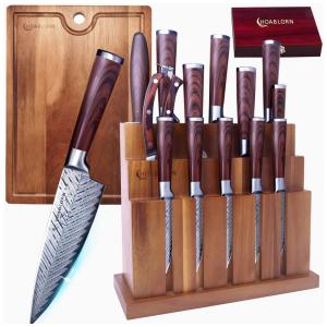 HOABLORN Conjunto de Facas com Bloco de Bancada Multinível, 15 Peças, Marrom