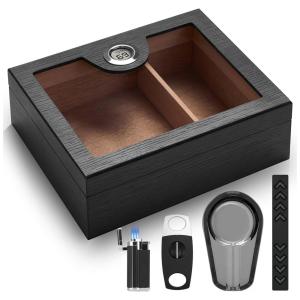 Umidor Premium: Caixa de Cedro Espanhol p/ 50 Charutos c/ Higrômetro, Umidor, Cortador, Isqueiro e Cinzeiro - Presente Exclusivo!CINOROW