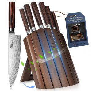 Conjunto de Facas em Aço Inoxidável com Bloco de Bancada Dobrável e Cabo em Madeira, 7 Peças, SYOKAMI, Marrom