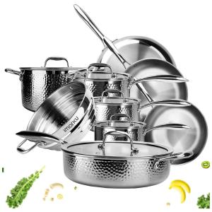 Jogo de Panelas e Frigideiras Antiaderentes em Aço Inoxidável, 14 Peças, Imarku, Prata