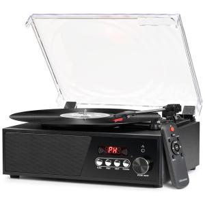 Toca Discos Retro 3 Velocidades com Funções Bluetooth, Rádio FM e USB, Udreamer UD007, Preto