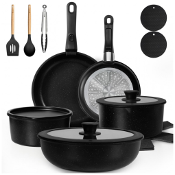 Jogo de Panelas e Frigideiras Antiaderentes, Material em Alumínio e Granito com 20 Peças, Cabo Removível e Utensílios de Cozinha, Kikcoin