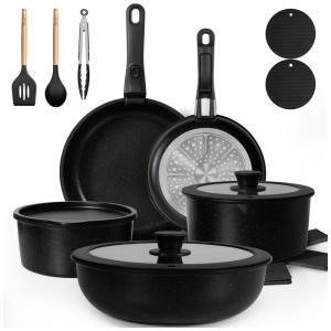 Jogo de Panelas e Frigideiras Antiaderentes, Material em Alumínio e Granito com 20 Peças, Cabo Removível e Utensílios de Cozinha, Kikcoin