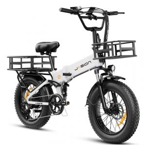 Bicicleta elétrica dobrável Jasion branca, pneus largos 20x4, motor 1400W, bateria removível 48V 624Wh, suspensão dupla, 7 marchas