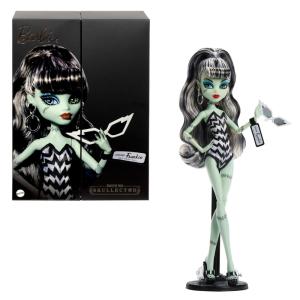 Boneca colecionável Monster High x Barbie Frankie Stein com maiô listrado e vestido preto de gala 2025