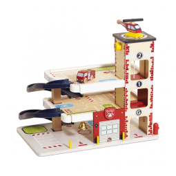 Posto de Bombeiros de Madeira com Rampa em Espiral, 3 Andares e Acessórios para Crianças com 3 Anos ou Mais
