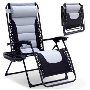 Cadeira Reclinável Ajustável Gravidade Zero com Mesa Lateral, Almofada Removível e Porta Copos, SereneLife, Cinza e Preto