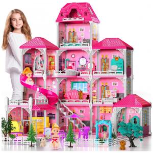 Casa de Bonecas com Acessórios e Cômodos Customizáveis para Crianças de 3 Anos a 7 Anos, TEMI, Rosa