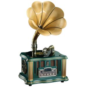 Mini Gramofone Retrô com Entrada USB, AUX, Rádio FM, Bluetooth e Controle Remoto, Artisam, Verde