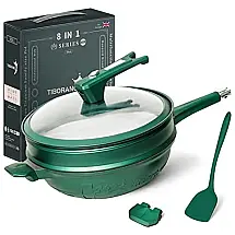 TIBORANG Panela Frigideira 6L Antiaderente 8 em 1 com Revestimento de Alumínio e Titânio Fundido e Indicador de Calor, Verde
