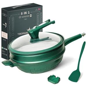 TIBORANG Panela Frigideira 6L Antiaderente 8 em 1 com Revestimento de Alumínio e Titânio Fundido e Indicador de Calor, Verde