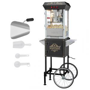 Pipoqueira VEVOR com Carrinho, 850W, 8 Oz, Faz 48 Copos, Vidro Temperado, 4 Colheres Medidoras