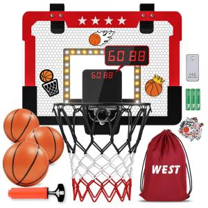 Cesta de Basquete com 4 Bolas, Luz LED, Placar Duplo Eletrônico e 2 Modos de Jogo para Crianças de 5 a 12 Anos, Kroyedfuw